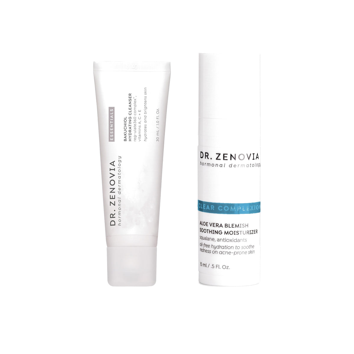 Dr. Zenovia Sensitive Minis Duo travel-size sensitive skin bundle - Mini Bakuchiol Hydrating Cleanser and Mini Aloe Vera Blemish Soothing Moisturizer on a white background