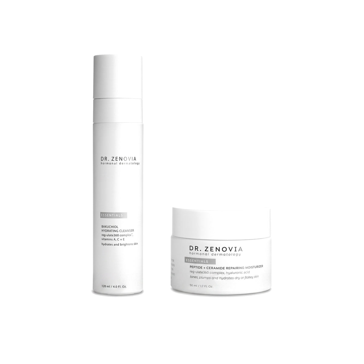 Dr. Zenovia Sensitive Skin Duo sensitive skin bundle - Bakuchiol Hydrating Cleanser and Peptide + Ceramide Repairing Moisturizer on a white background