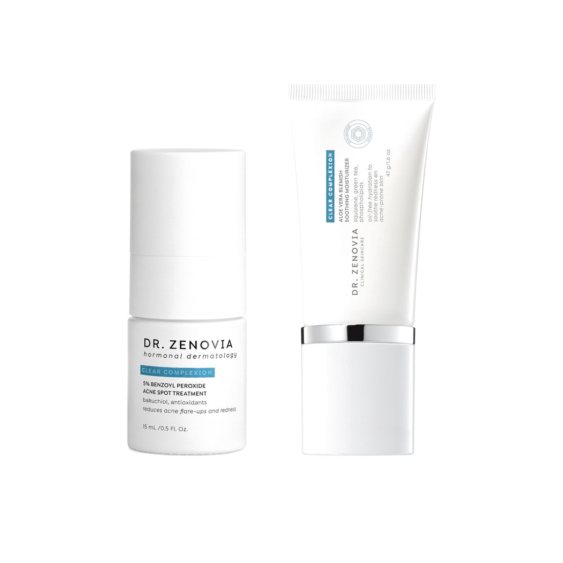 Dr. Zenovia Spot &amp; Soothe Duo acne bundle - 5% Benzoyl Peroxide Acne Spot Treatment and Aloe Vera Blemish Soothing Moisturizer on a white background