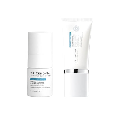 Dr. Zenovia Spot &amp; Soothe Duo acne bundle - 5% Benzoyl Peroxide Acne Spot Treatment and Aloe Vera Blemish Soothing Moisturizer on a white background