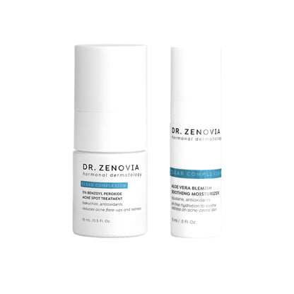 Dr. Zenovia Travel Breakout Duo travel-size acne bundle - 5% Benzoyl Peroxide Acne Spot Treatment and Mini Aloe Vera Blemish Soothing Moisturizer on a white background
