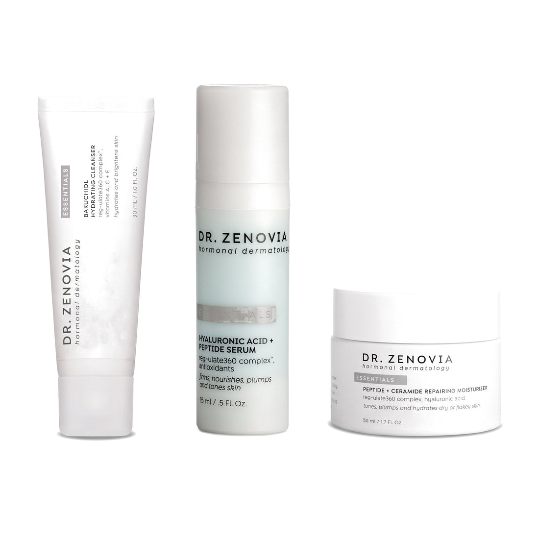 Dr. Zenovia Weekender Trio travel-size skincare bundle - Mini Bakuchiol Hydrating Cleanser, Mini Hyaluronic Acid + Peptide Serum and Mini Peptide + Ceramide Repairing Moisturizer on a white background
