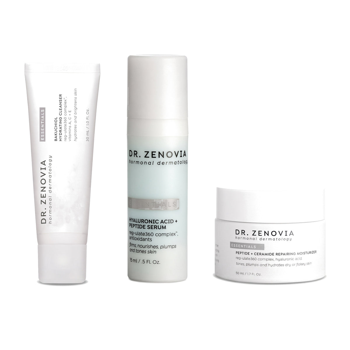 Dr. Zenovia Weekender Trio travel-size skincare bundle - Mini Bakuchiol Hydrating Cleanser, Mini Hyaluronic Acid + Peptide Serum and Mini Peptide + Ceramide Repairing Moisturizer on a white background
