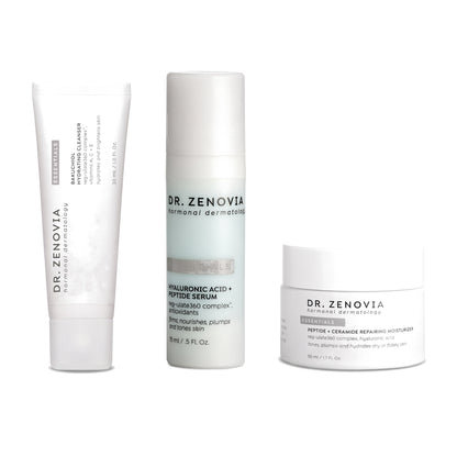 Dr. Zenovia Weekender Trio travel-size skincare bundle - Mini Bakuchiol Hydrating Cleanser, Mini Hyaluronic Acid + Peptide Serum and Mini Peptide + Ceramide Repairing Moisturizer on a white background