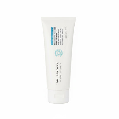 Dr. Zenovia 10% Benzoyl Peroxide Acne Cleanser in the new 6.7oz tube, displayed upright on a white background.