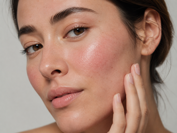 Close-up of a woman with clear, radiant skin touching her cheek, showcasing a smooth, even complexion against a soft neutral background.