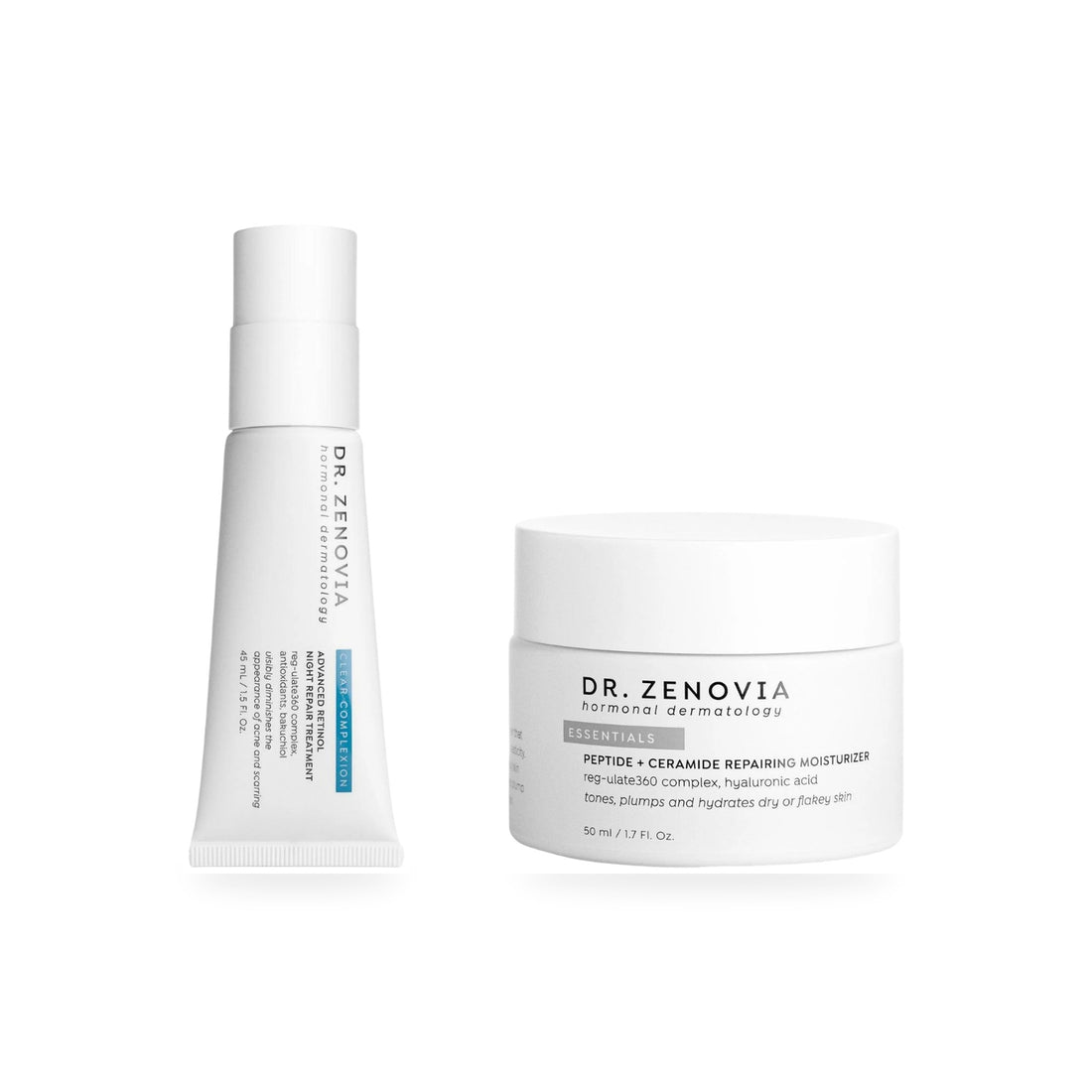 Dr. Zenovia Repair &amp; Replenish Duo — Advanced Retinol Night Repair Treatment and Peptide + Ceramide Repairing Moisturizer on a white background