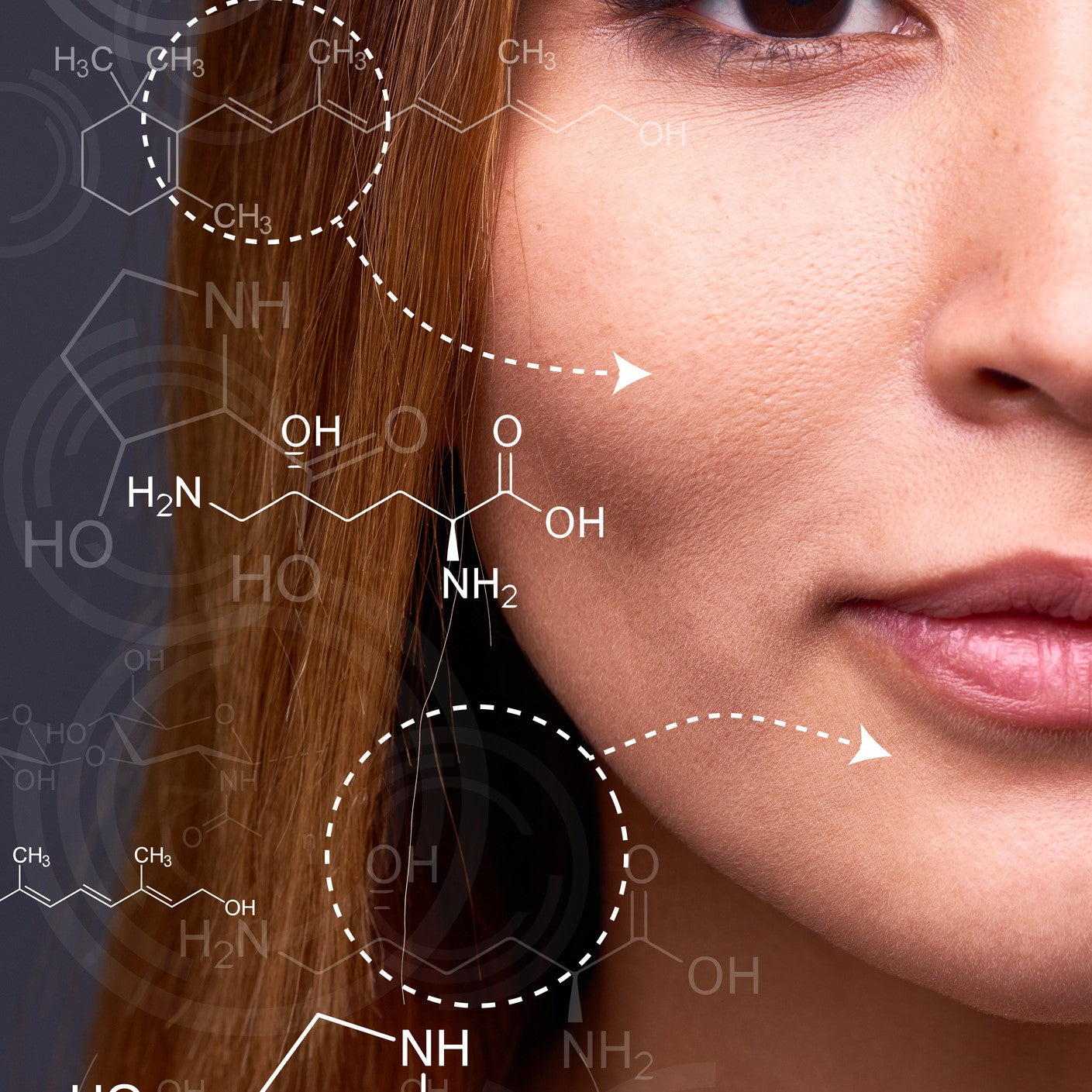 Side profile of a woman with scientific numbers next to her