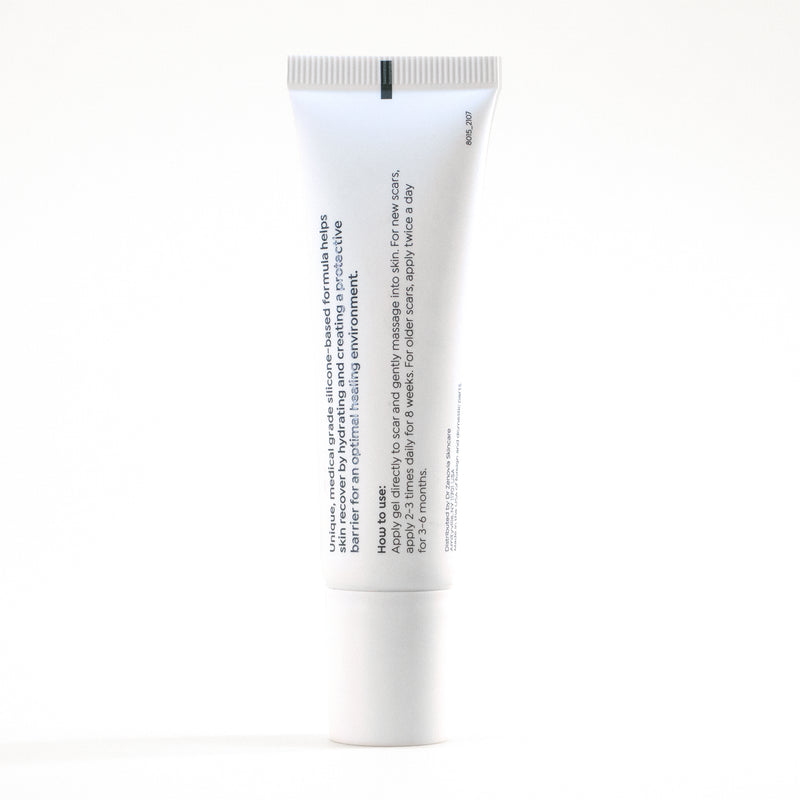 Back of a Scar Gel Treatment tube with how to use instructions on a white background.