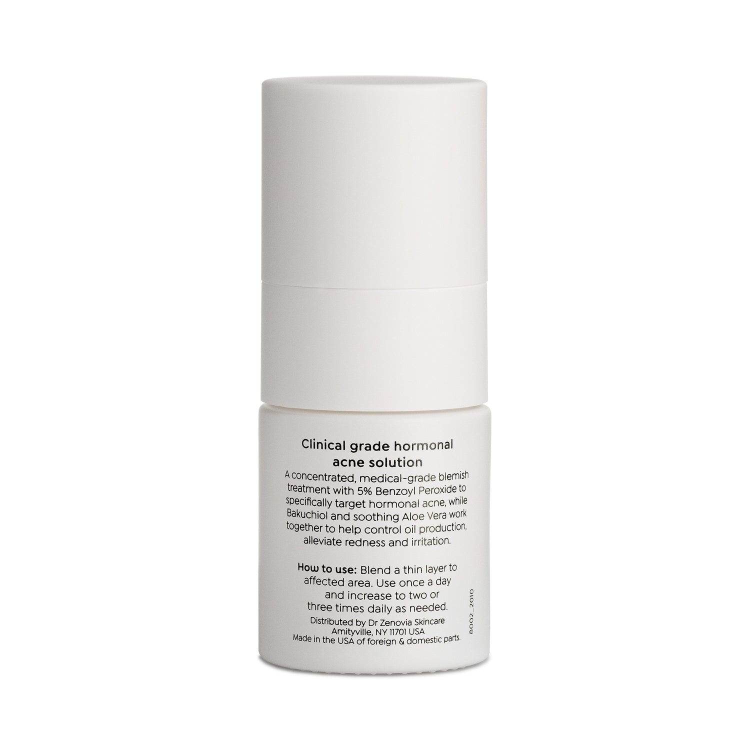 Back of Dr. Zenovia Benzoyl Peroxide Acne Spot Treatment bottle showing usage directions and clinical information