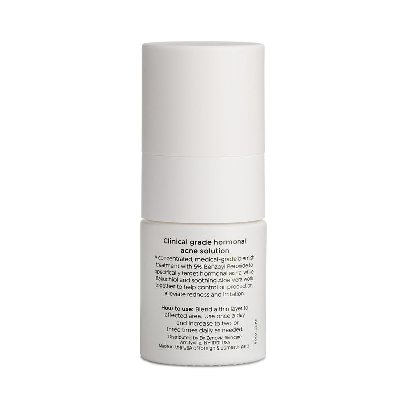 Back of Dr. Zenovia Benzoyl Peroxide Acne Spot Treatment bottle showing usage directions and clinical information
