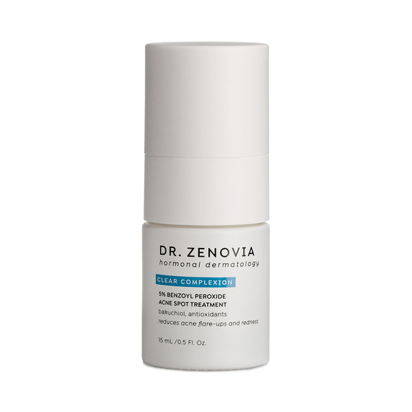 Front of Dr. Zenovia 5% Benzoyl Peroxide Acne Spot Treatment bottle on white background