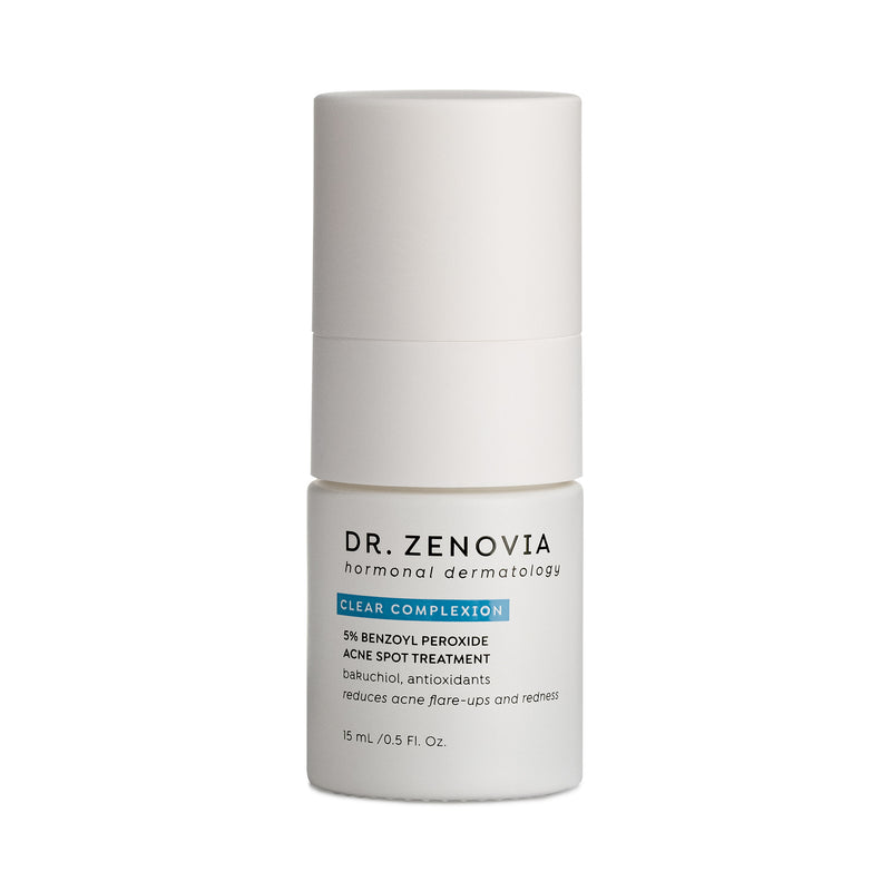 Front of Dr. Zenovia 5% Benzoyl Peroxide Acne Spot Treatment bottle on white background