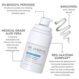 Infographic showing key ingredients: antibacterial benzoyl peroxide, soothing aloe vera, bakuchiol, REG-ulate360