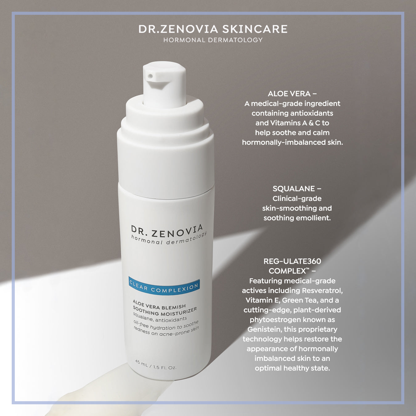 Infographic of key ingredients (Aloe Vera, Squalane, REG-ulate360) in the Aloe Vera Blemish Moisturizer