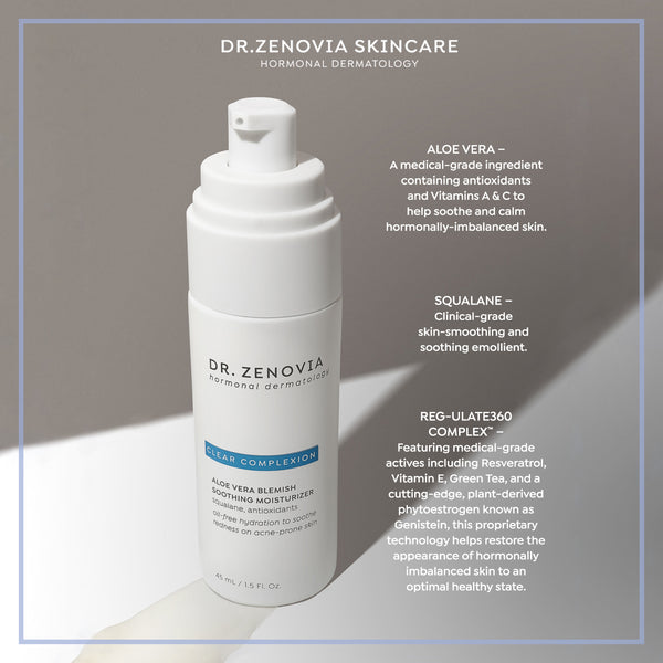 Infographic of key ingredients (Aloe Vera, Squalane, REG-ulate360) in the Aloe Vera Blemish Moisturizer