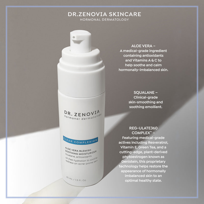 Infographic of key ingredients (Aloe Vera, Squalane, REG-ulate360) in the Aloe Vera Blemish Moisturizer