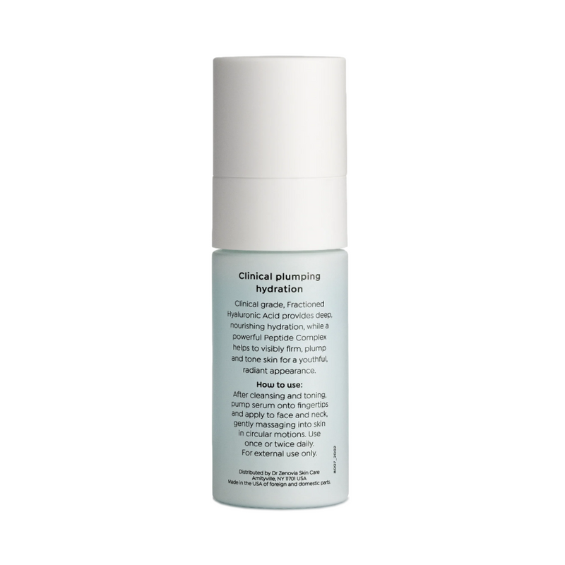 Back of Dr. Zenovia Hyaluronic Acid + Peptide Serum bottle with usage instructions visible
